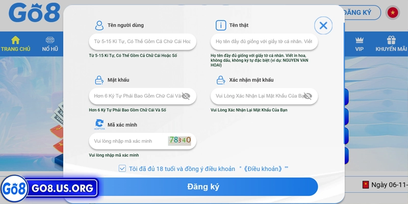Điền đầy đủ thông tin quan trọng khi đăng ký Go8